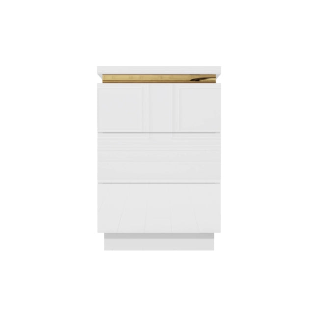 White High Gloss 3 Drawer Bedside Table with Metallic Trim - Isabella