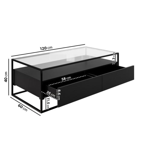 Large Black Coffee Table with Glass Top and Storage Drawers - Akila