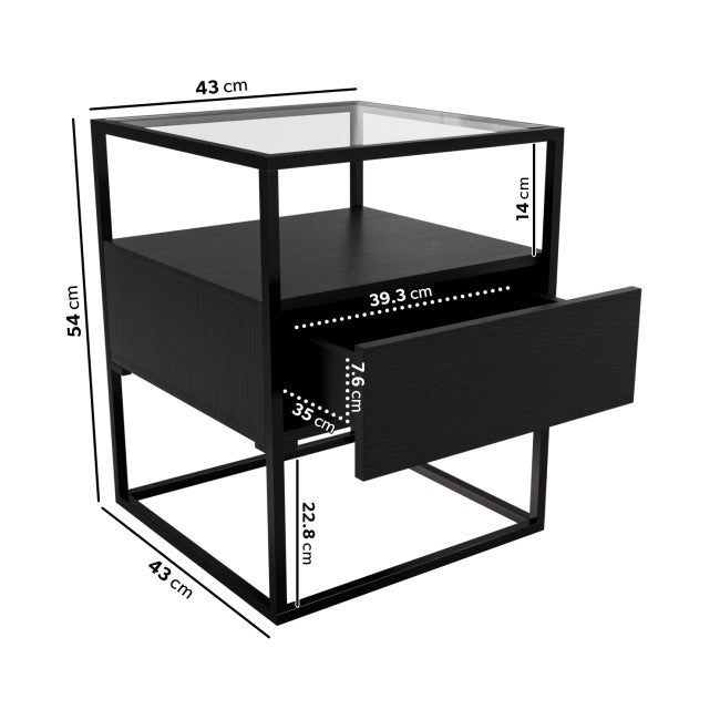 Square Black Glass Top Side Table with Storage - Akila