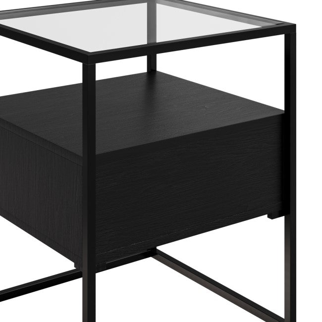 Square Black Glass Top Side Table with Storage - Akila