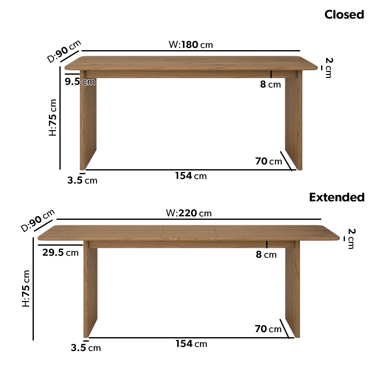 Large Oak Extendable Dining Table - 180-220cm - Seats 6 - 8 - Mia