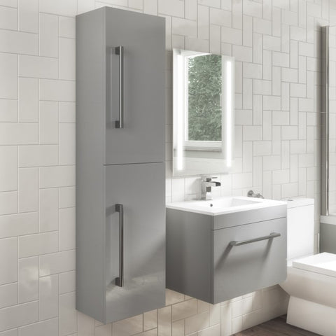 Double Door Grey Wall Hung Tall Bathroom Cabinet with Chrome Handles 350 x 1400mm - Ashford