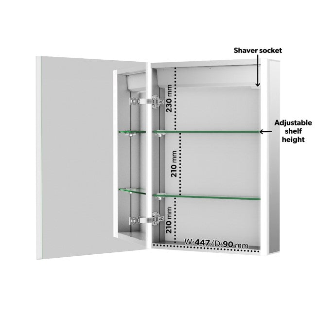 Single Door Chrome Mirrored Bathroom Cabinet with Lights and Shaver Socket 500 x 700mm - Mizar