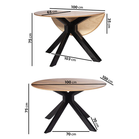 Small Light Oak Drop Leaf Space Saving Round Extendable Dining Table - Seats 2 - 4 - Carson