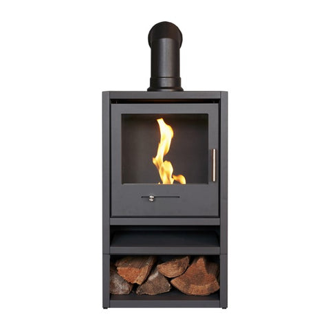 OKO S1 Bioethanol Stove with Log Storage in Charcoal Grey & Angled Stove Pipe