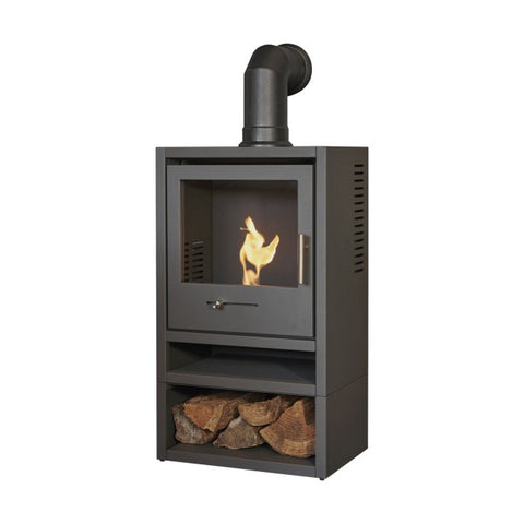 OKO S1 Bioethanol Stove with Log Storage in Charcoal Grey & Angled Stove Pipe