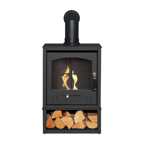 OKO S2 Bioethanol Stove with Log Storage in Charcoal Grey with Angled Stove Pipe Compare SKU: FOL105655