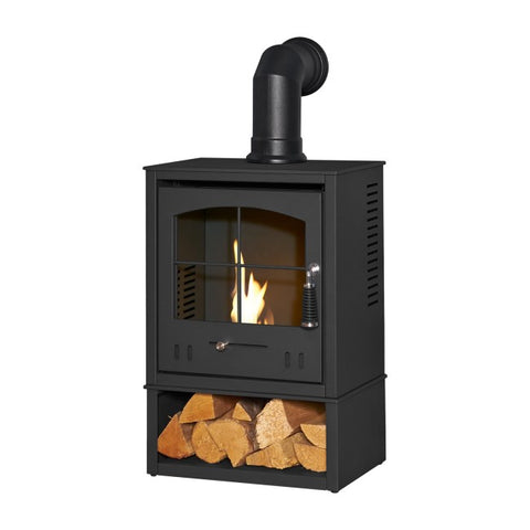 OKO S2 Bioethanol Stove with Log Storage in Charcoal Grey with Angled Stove Pipe Compare SKU: FOL105655