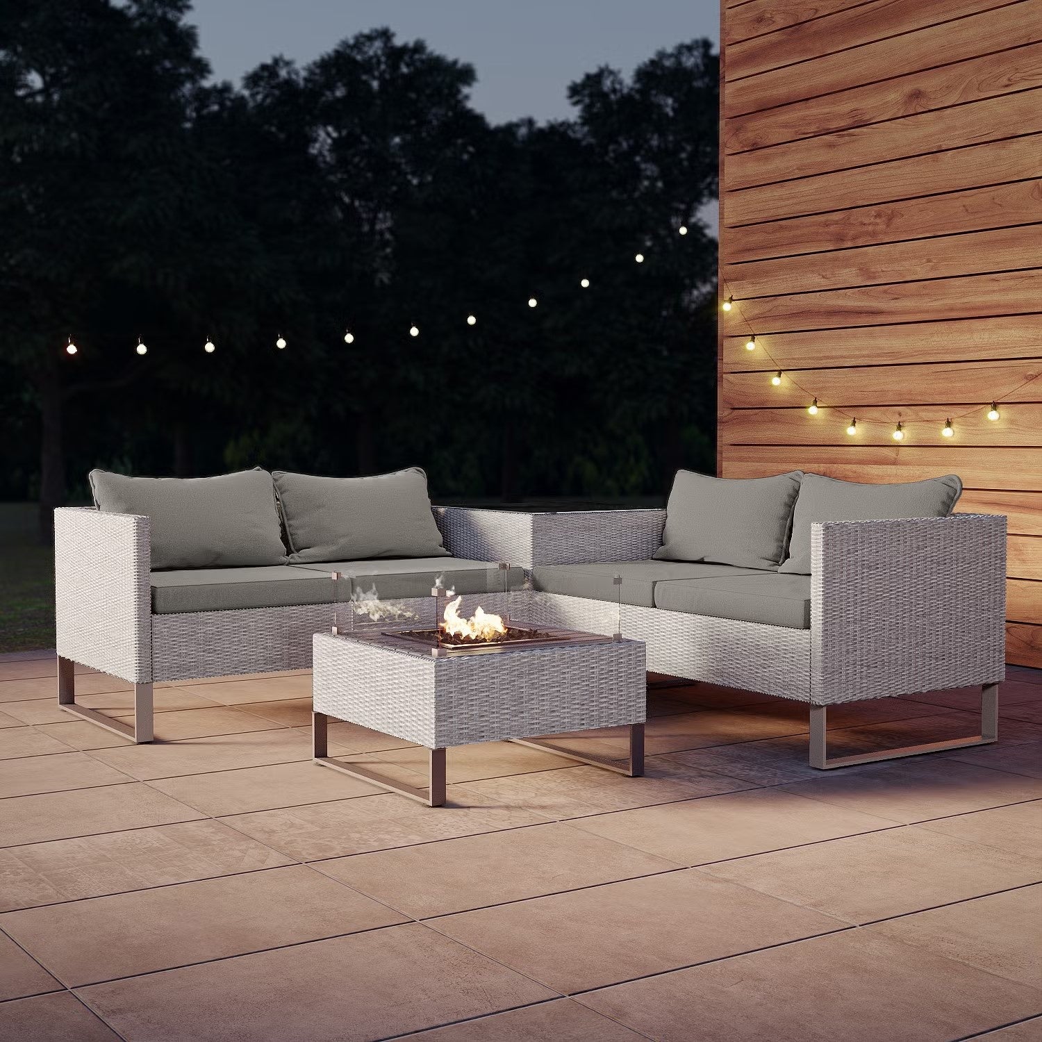 4 Seater Grey Rattan Garden Corner Sofa Set with Storage and Fire Pit Table - Como