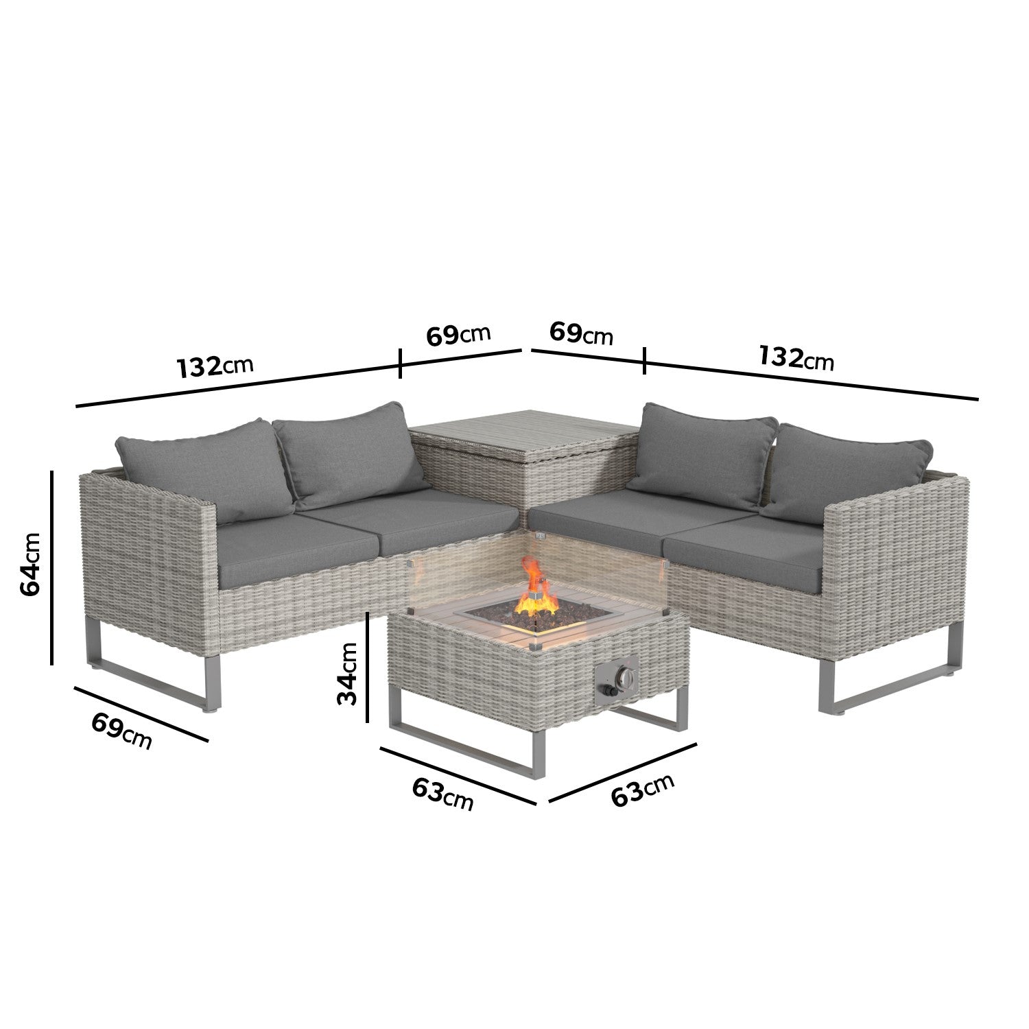 4 Seater Grey Rattan Garden Corner Sofa Set with Storage and Fire Pit Table - Como