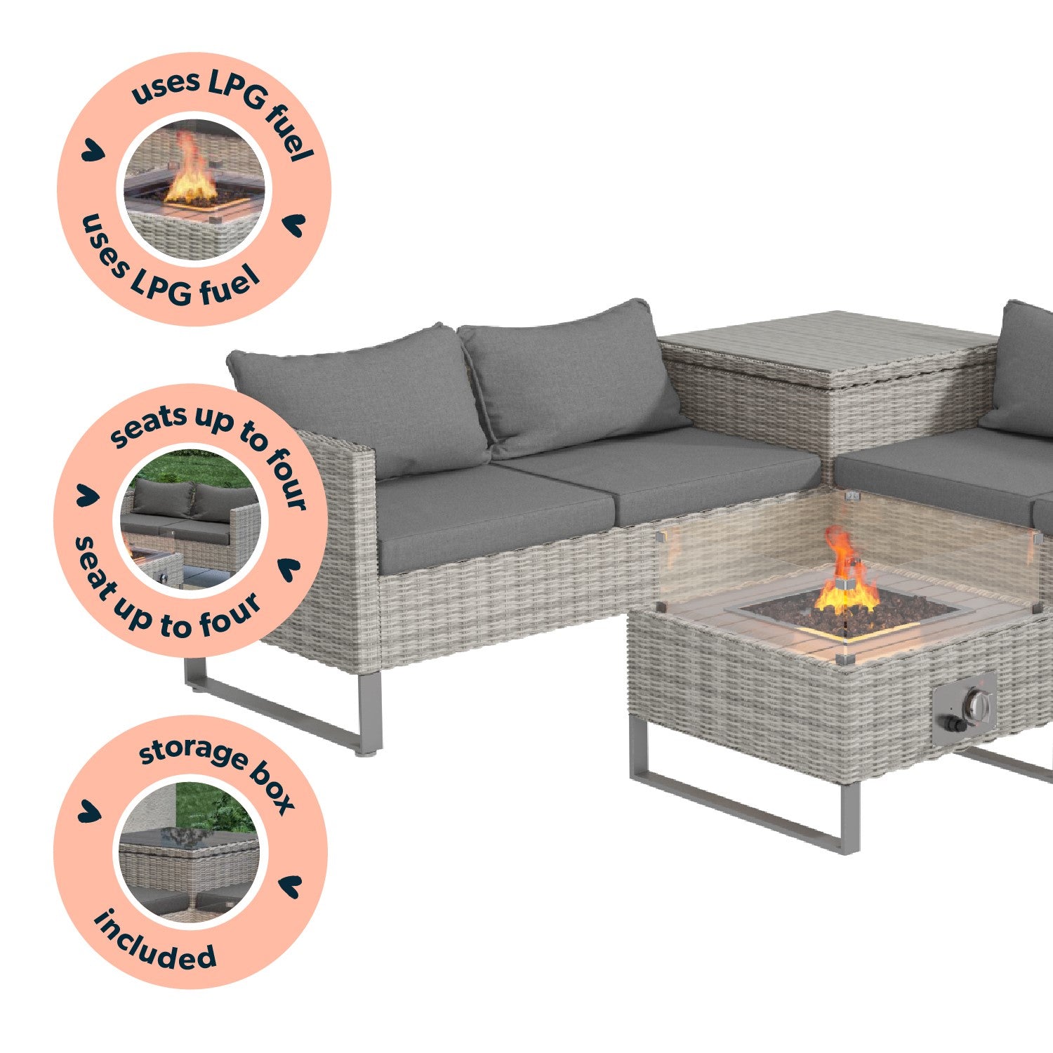 4 Seater Grey Rattan Garden Corner Sofa Set with Storage and Fire Pit Table - Como