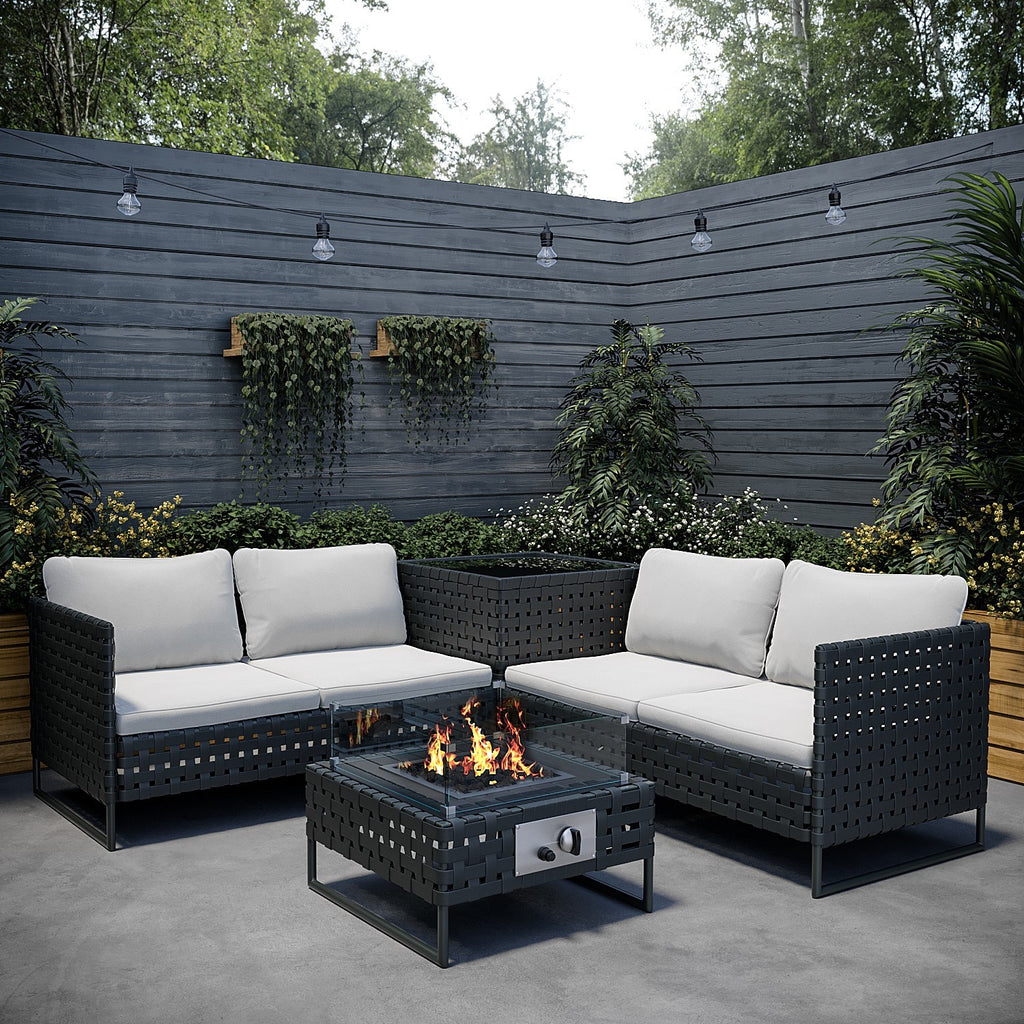 4 Seater Black Wide Rattan Garden Corner Sofa Set with Storage and Fire Pit Table