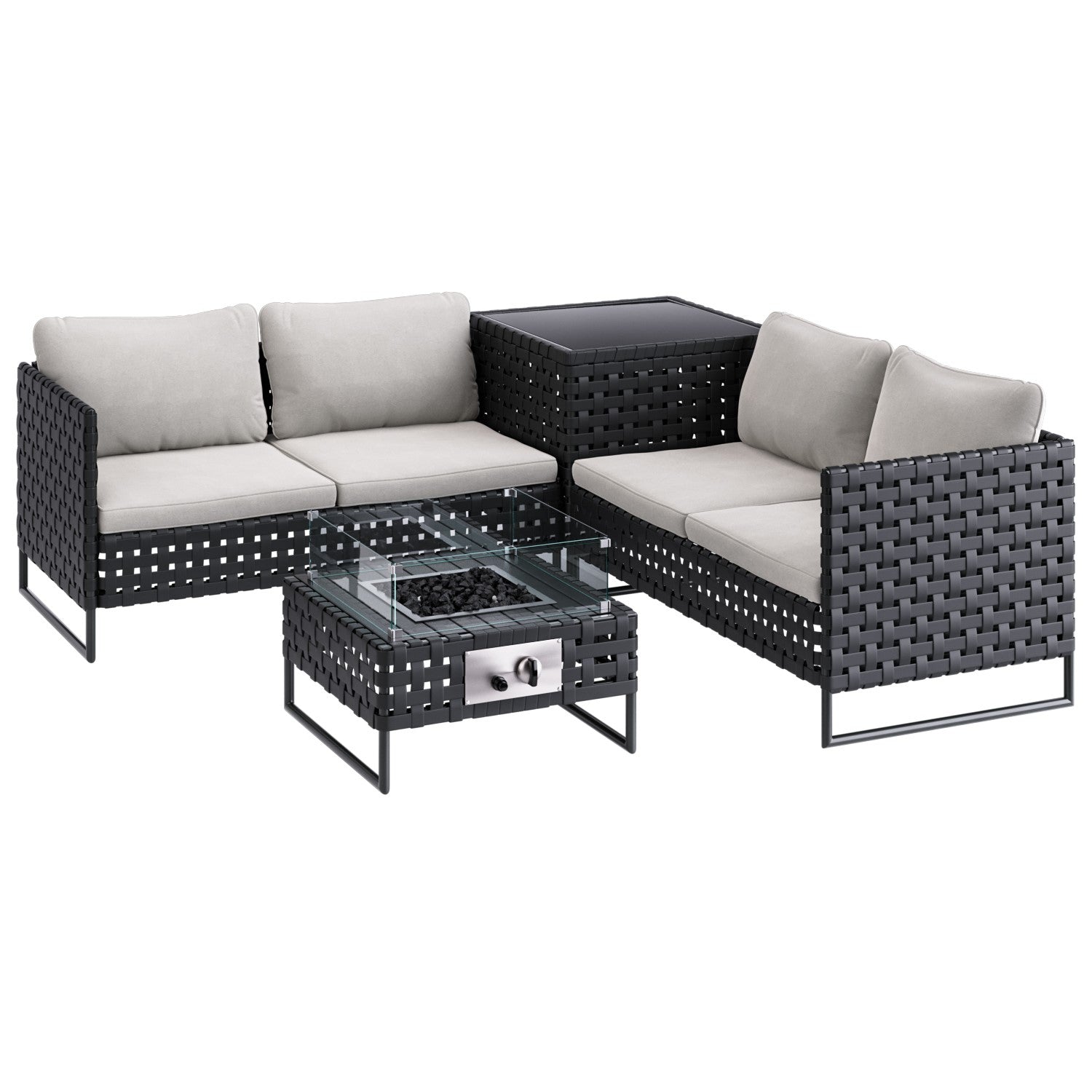 4 Seater Black Wide Rattan Garden Corner Sofa Set with Storage and Fire Pit Table