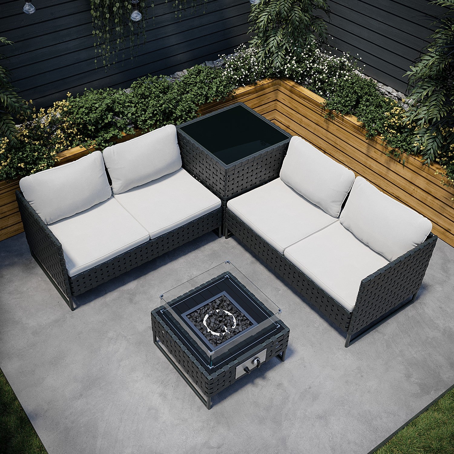 4 Seater Black Wide Rattan Garden Corner Sofa Set with Storage and Fire Pit Table