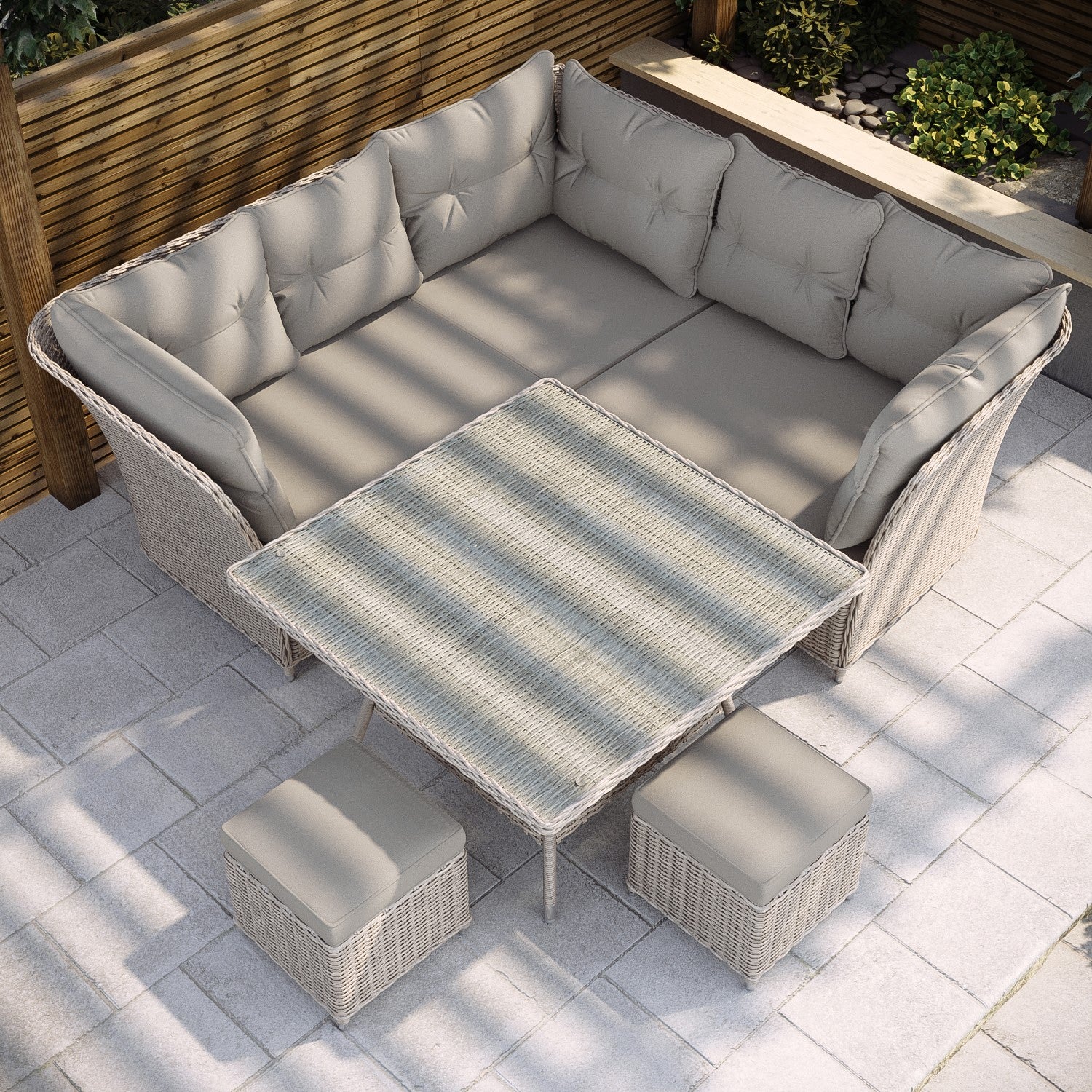 7 Seater Light Rattan Corner Sofa Set with 2 Stools and Heat Resistant Glass Table Top - Fortrose