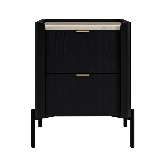 Wide Black Marble Top 2-Drawer Bedside Table - Gio