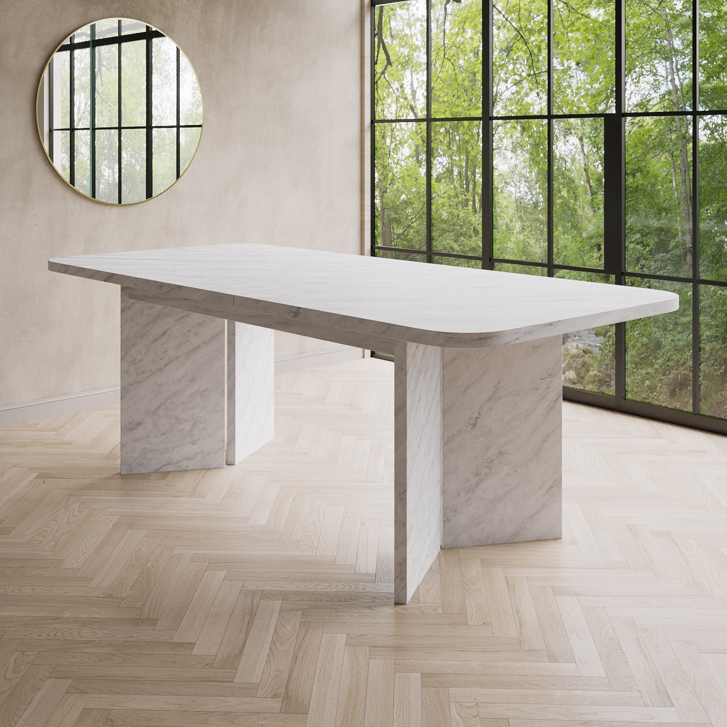 White Marble Effect Pillar Extendable Dining Table - Seats 6 - 8 - Geneva