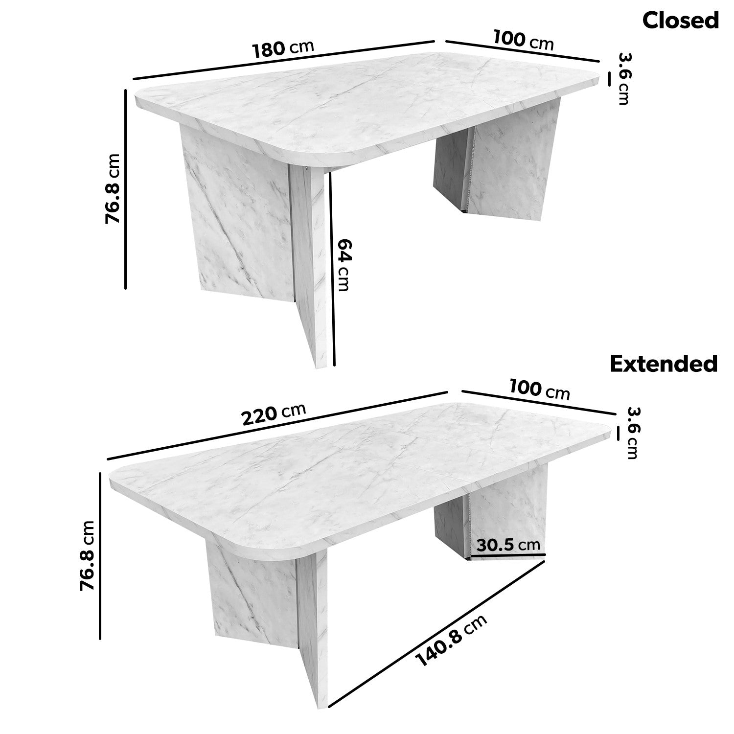 White Marble Effect Pillar Extendable Dining Table - Seats 6 - 8 - Geneva