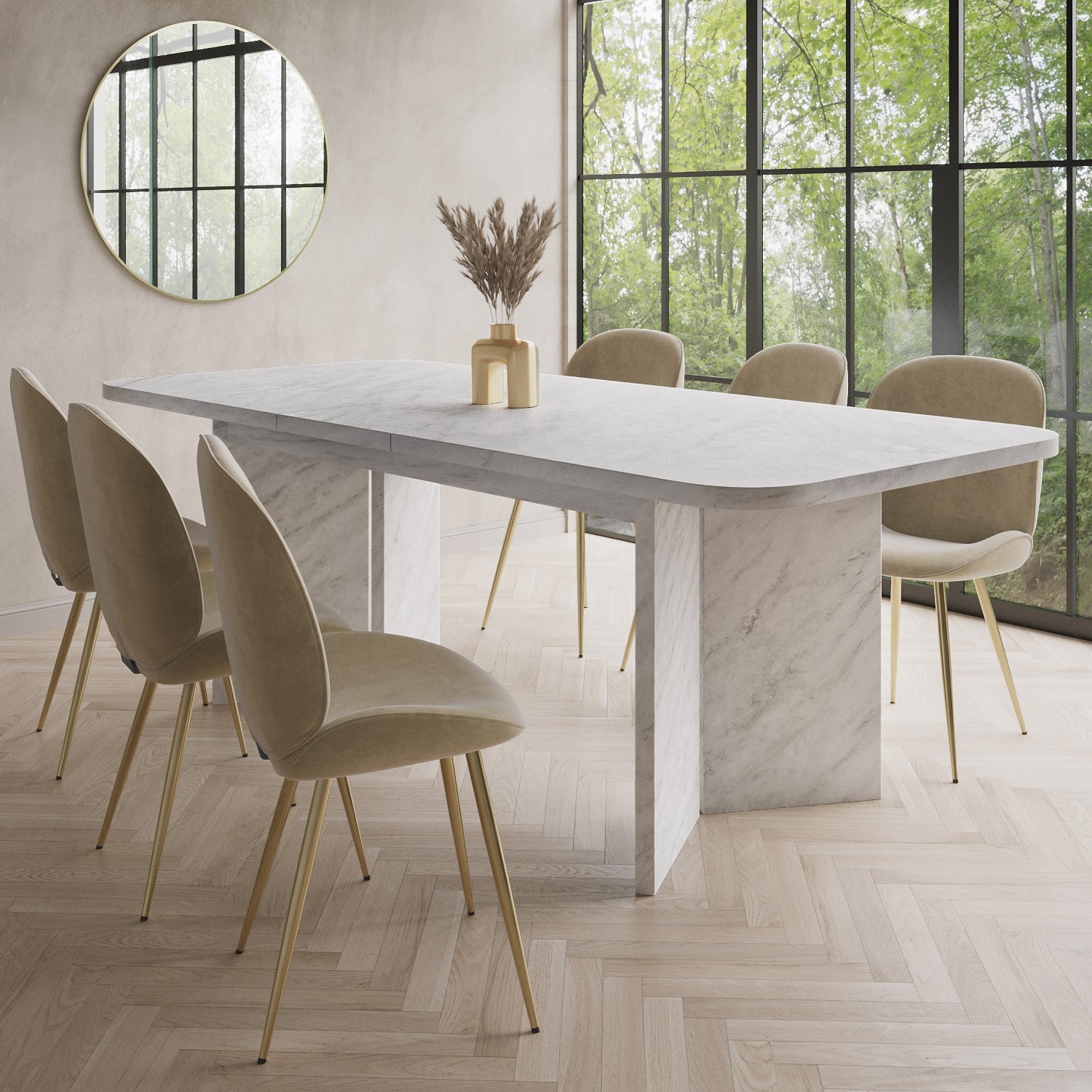 White Marble Effect Pillar Extendable Dining Table - Seats 6 - 8 - Geneva