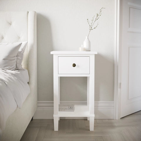 Tall White Wooden Bedside Table with Drawer and Shelf - Marlowe