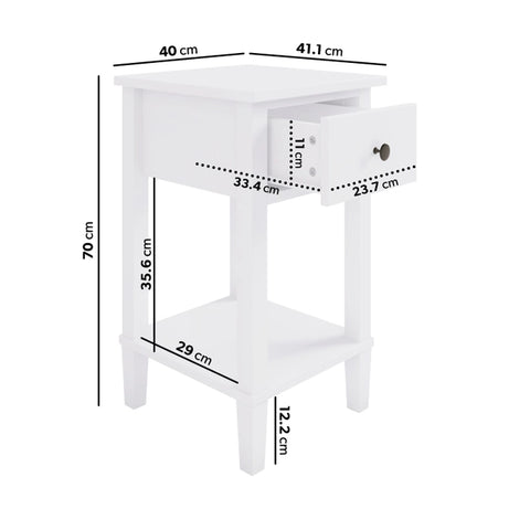 Tall White Wooden Bedside Table with Drawer and Shelf - Marlowe