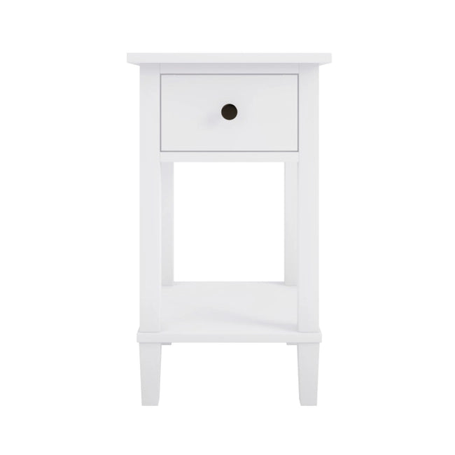 Tall White Wooden Bedside Table with Drawer and Shelf - Marlowe