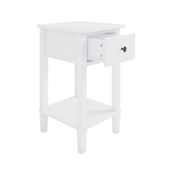 Tall White Wooden Bedside Table with Drawer and Shelf - Marlowe