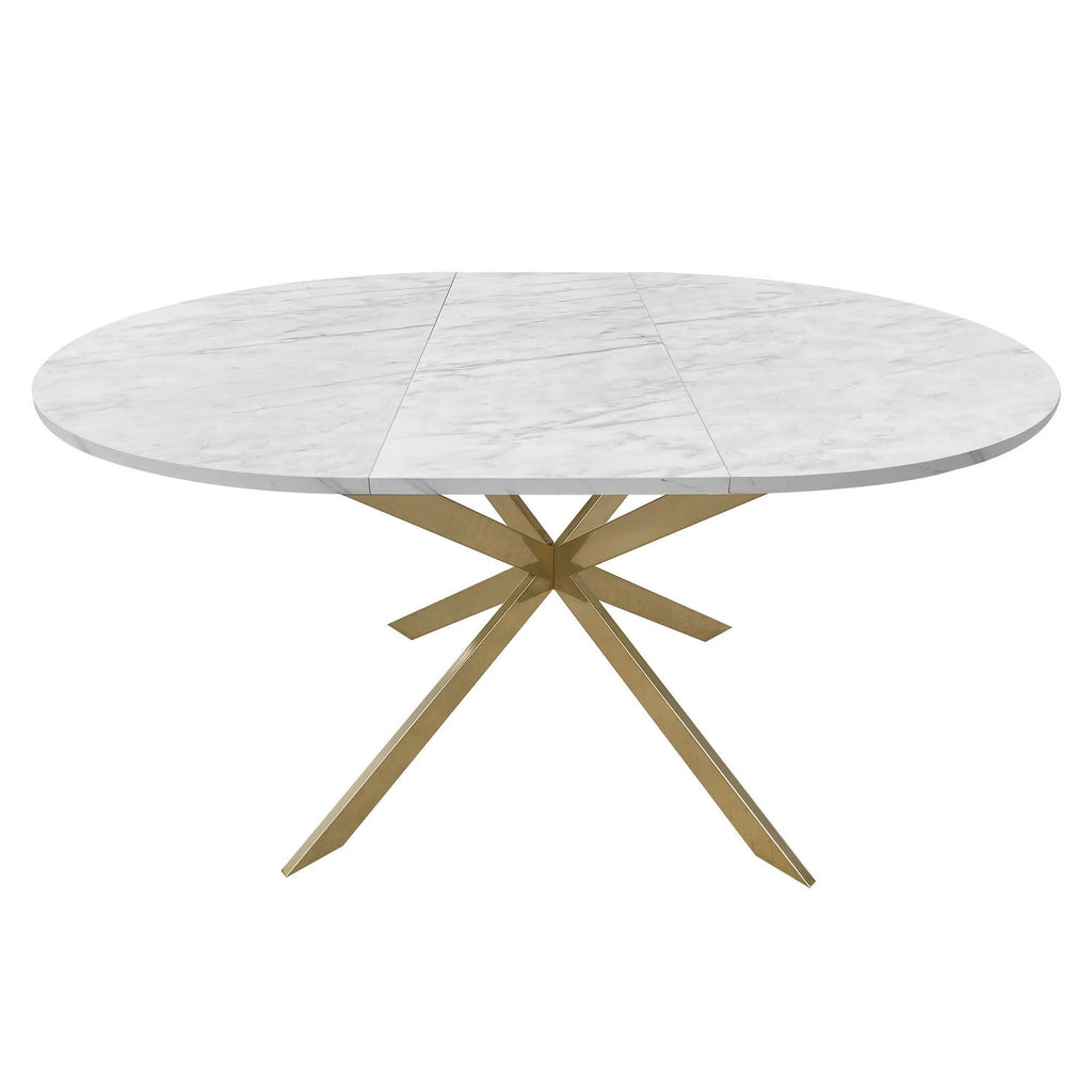 Round to Oval White Marble Effect Extendable Dining Table with Gold Legs - Seats 4 - 6