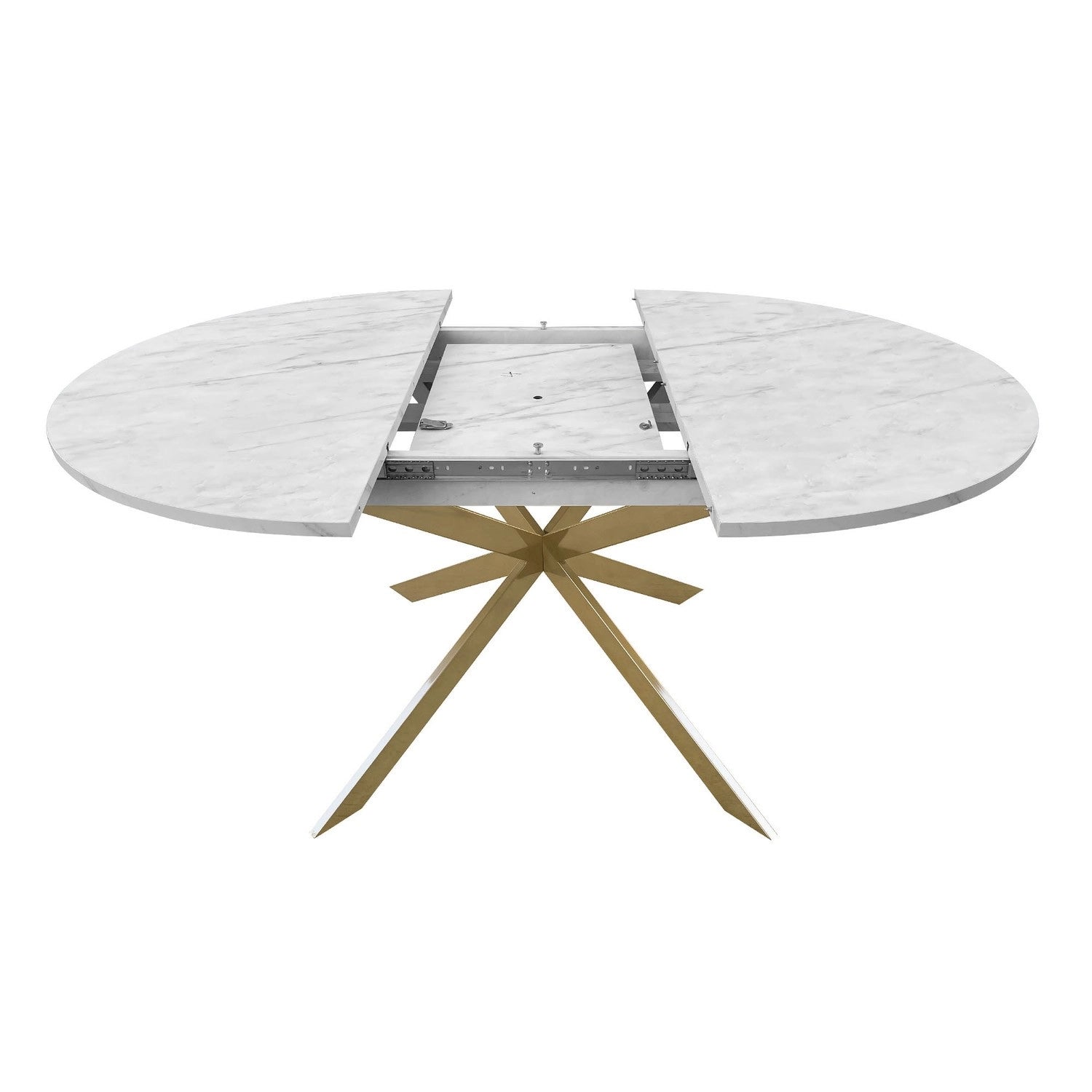 Round to Oval White Marble Effect Extendable Dining Table with Gold Legs - Seats 4 - 6