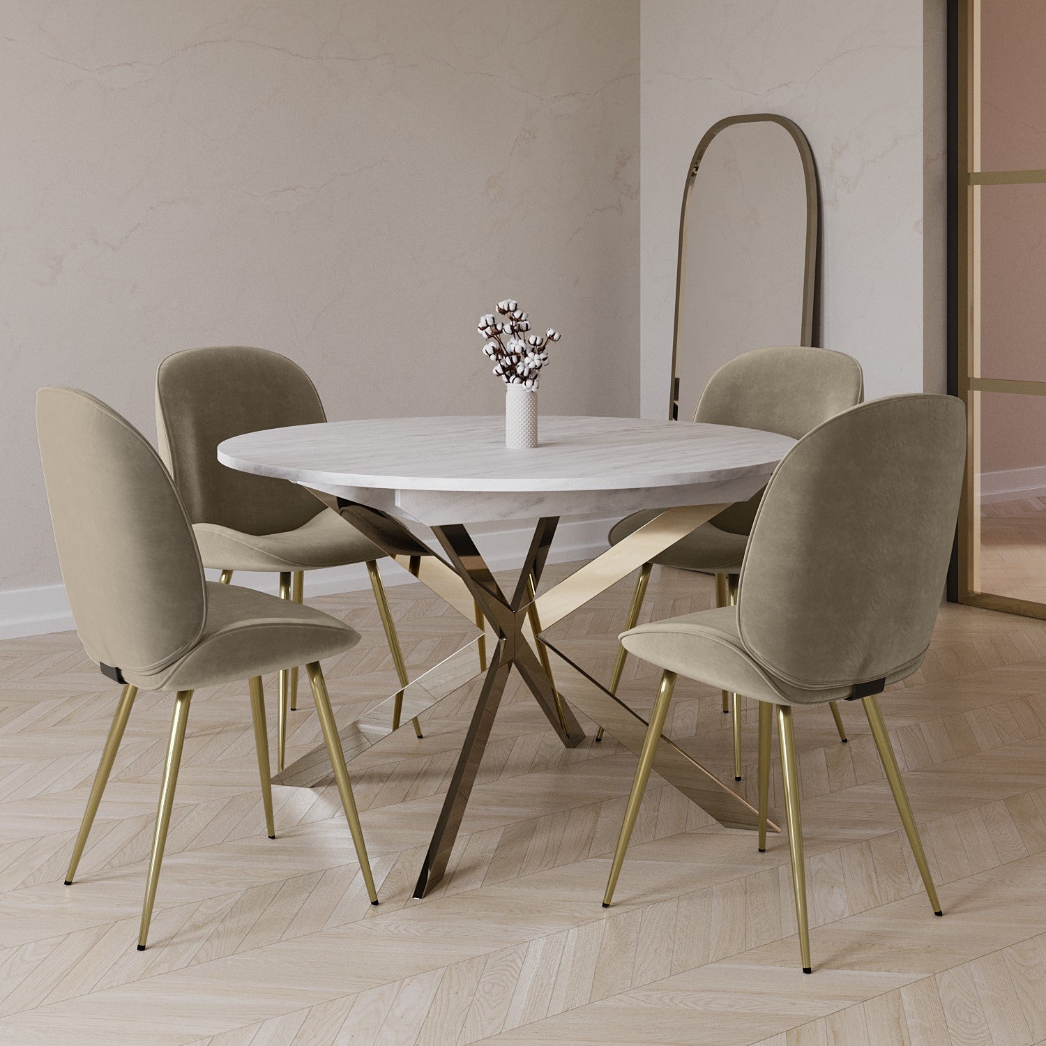 Round to Oval White Marble Effect Extendable Dining Table with Gold Legs - Seats 4 - 6